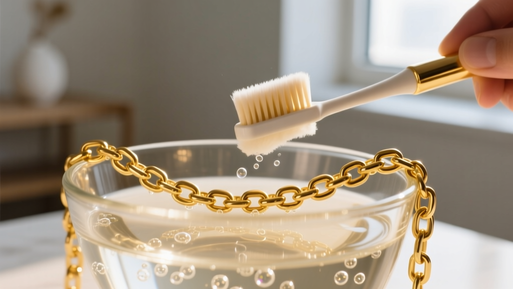 Close-up of a 14k gold chain being gently scrubbed with a soft toothbrush in a glass bowl of warm, bubbly distilled water.