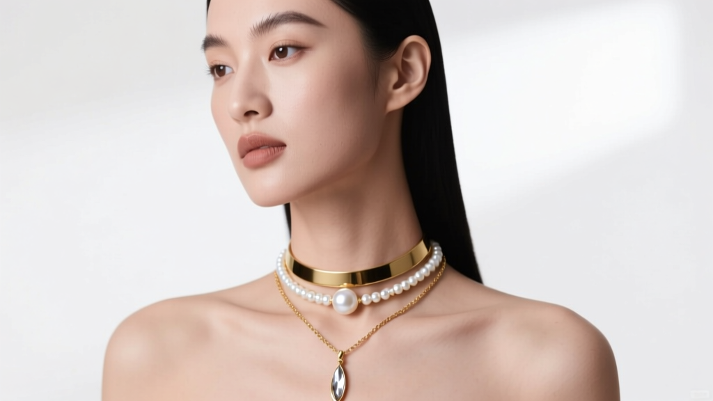 Model wearing a 3 strand necklace featuring a gold choker, pearl mid-chain, and long pendant against soft studio lighting