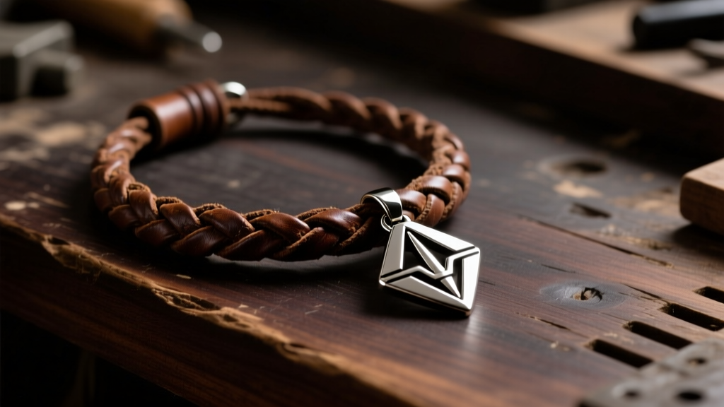 Weathered leather Padawan braid necklace beside a metallic Jedi Order pendant on a dark wooden workbench under soft studio light.