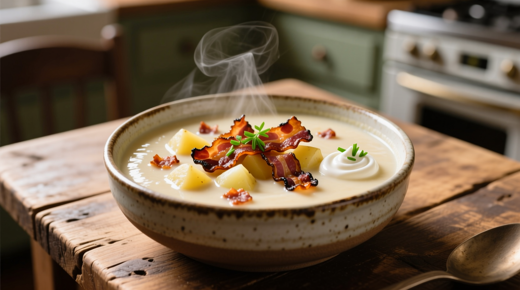 Creamy baked potato soup with bacon garnish