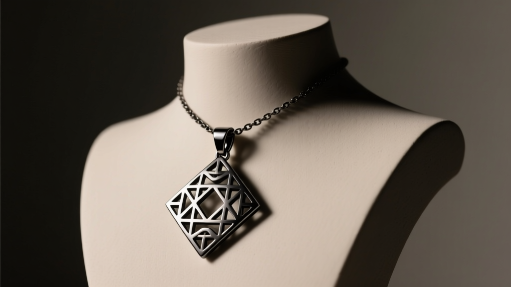 Grade 5 black titanium pendant necklace with geometric cutouts on a minimalist bust, lit by soft, moody studio lighting.