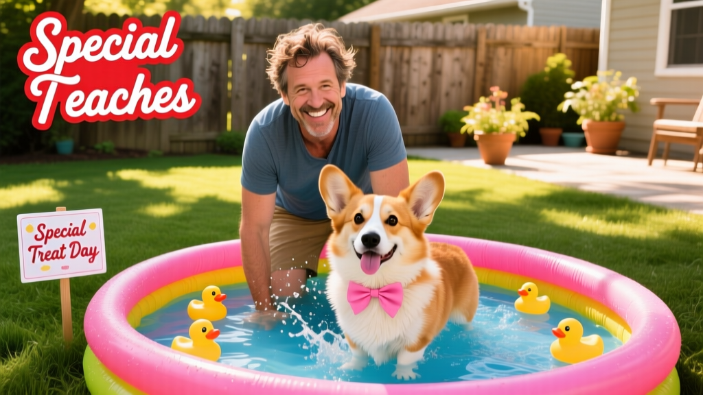Dave Portnoy holding Miss Peaches beside a small, colorful inflatable dog pool in his backyard
