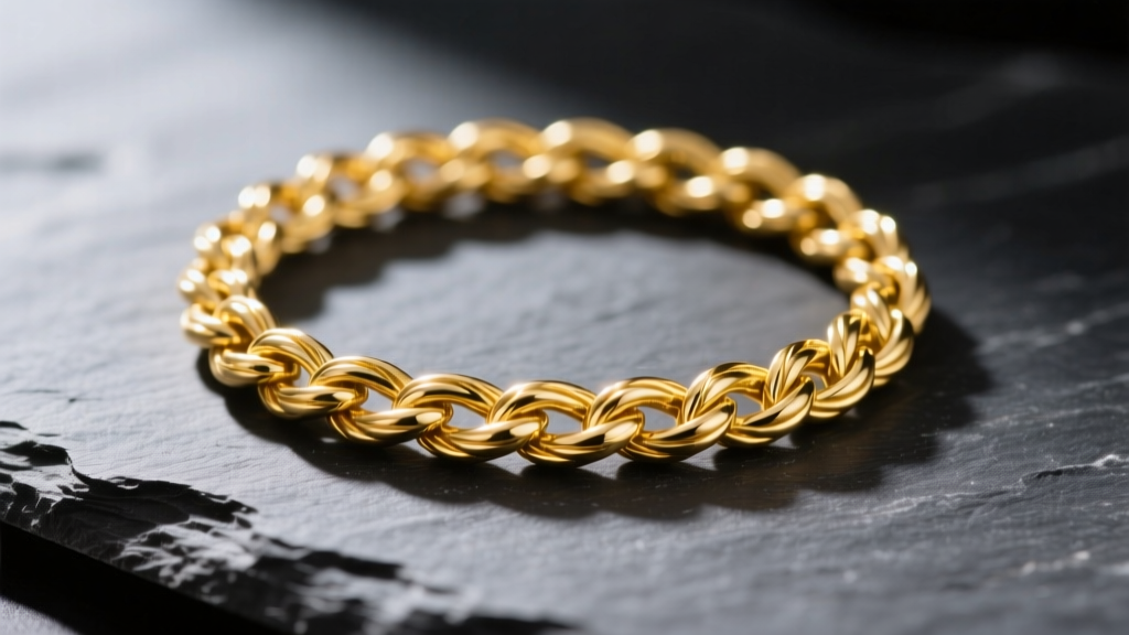 Macro shot of an 18k yellow gold rope chain on dark slate, highlighting intricate twisted links and bright light reflections.