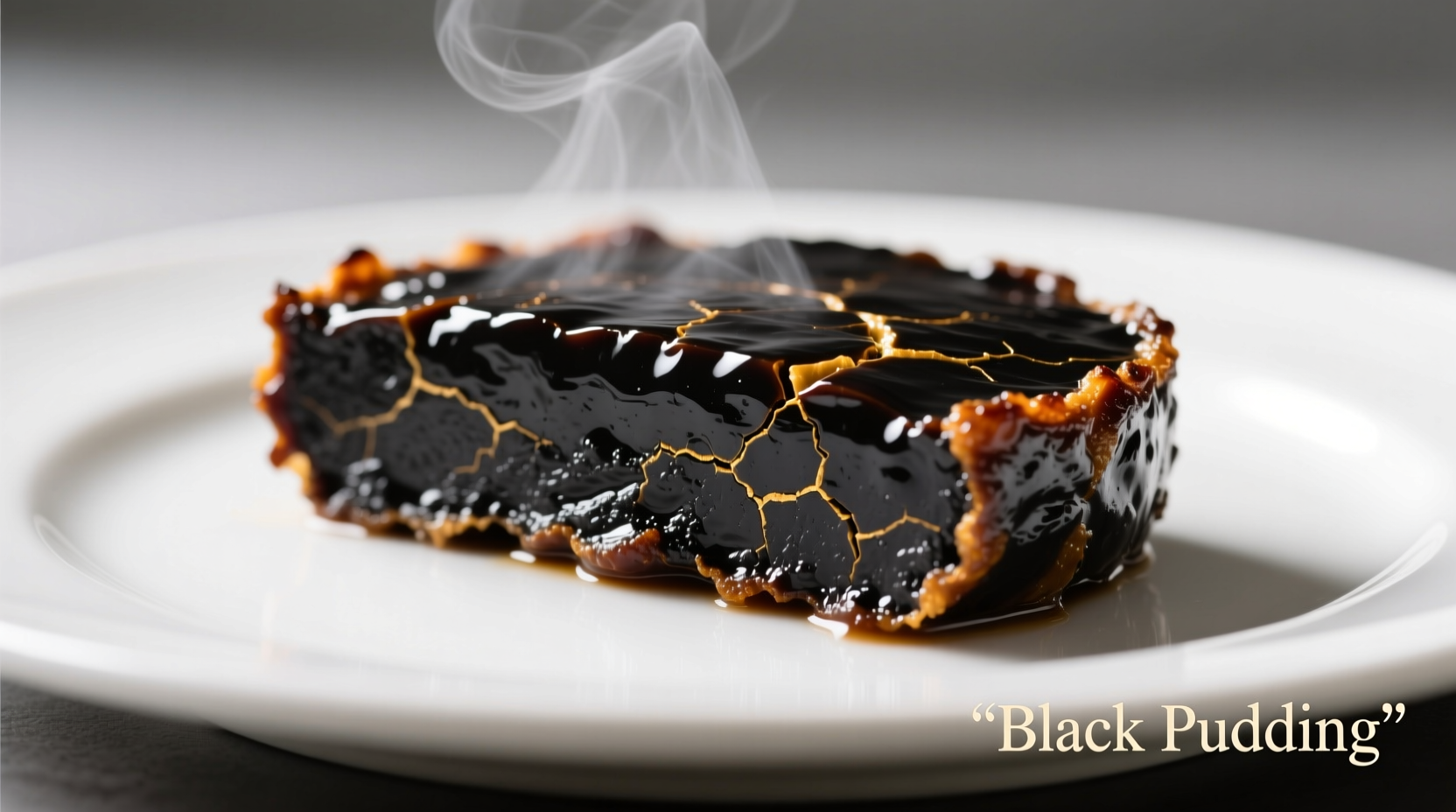 Slice of black pudding with crispy edges on a white plate