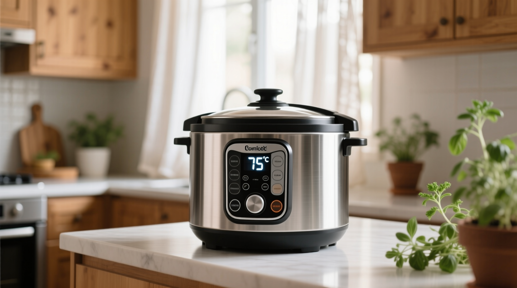 Slow cooker showing low temperature setting on display