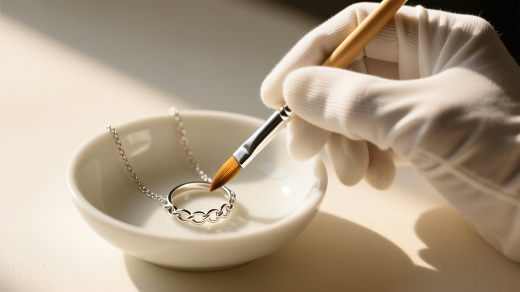 Gloved hands using a soft brush to clean a delicate sterling silver ring necklace chain inside a small white ceramic bowl