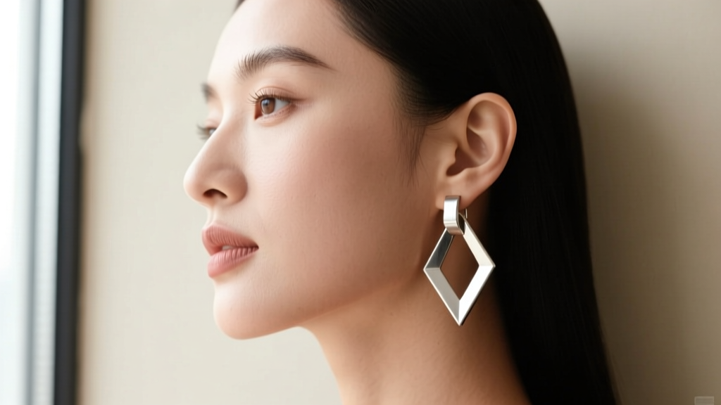 Side profile of a woman wearing geometric bar hoop earrings, showing proper weight distribution and lobe support without sagging
