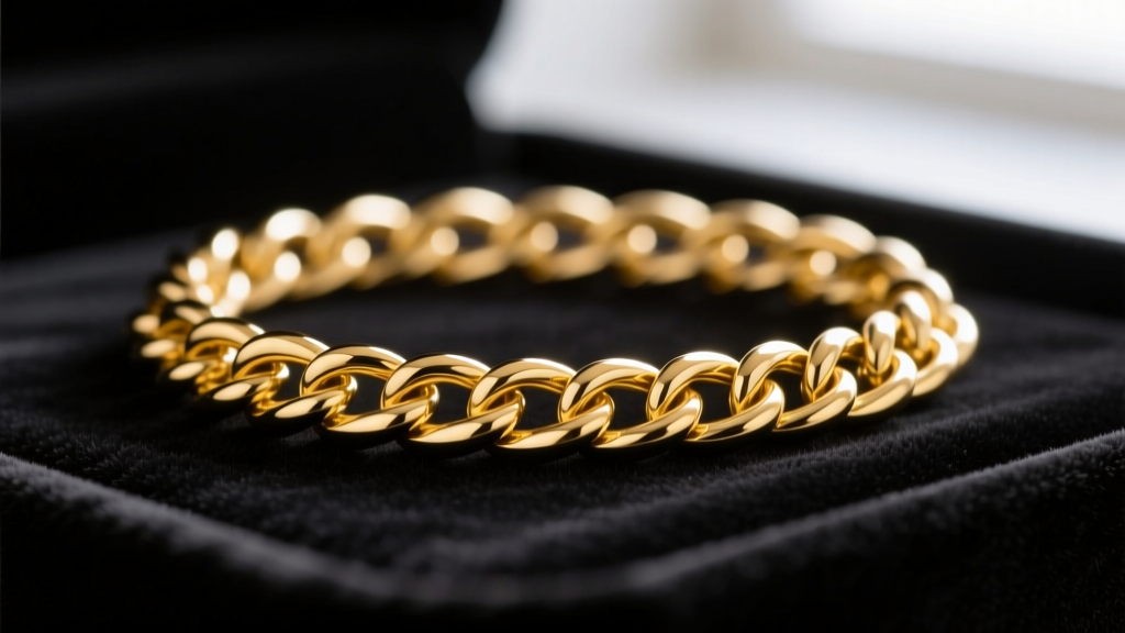 Macro shot of a kinked 14k yellow gold herringbone chain resting on dark velvet, highlighting the irreversible metallic creases