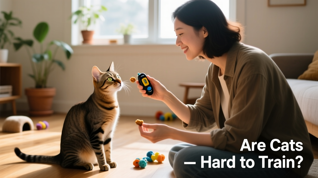 A person holding a clicker and offering a small treat to a curious cat sitting upright