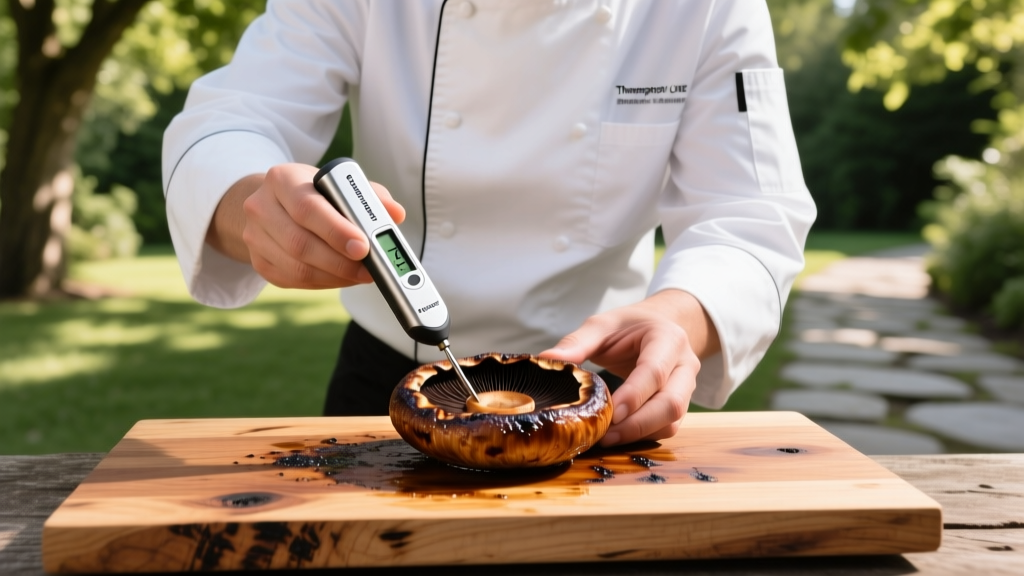 Chef checking internal temperature of a grilled portobello mushroom on a cedar plank using a stainless steel Thermapen ONE outdoors