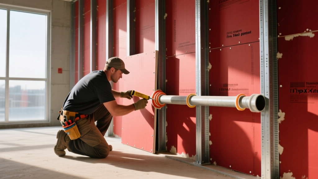 Contractor installing red-backed Type X fire-rated gypsum board on steel wall studs with firestop sealant around a pipe penetration