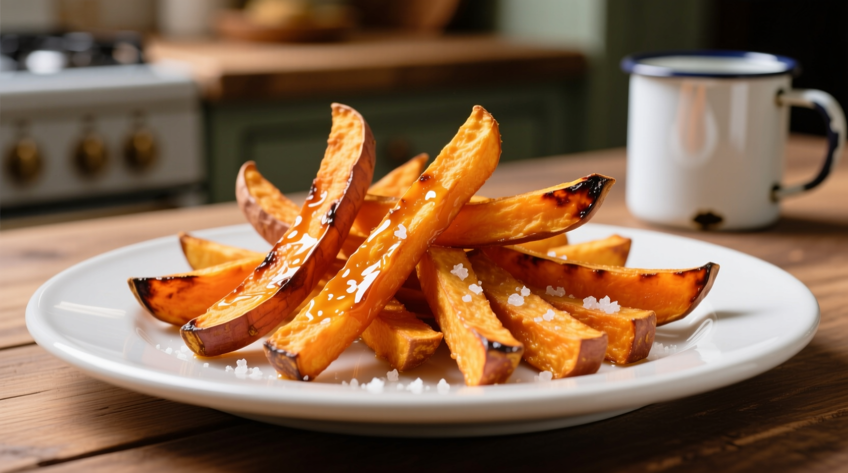 Crispy golden sweet potato fries on white plate