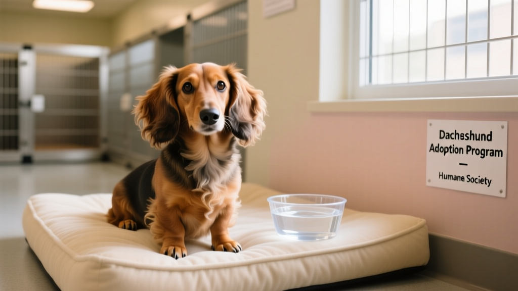 A friendly Dachshund waiting calmly in a clean, well-lit shelter kennel with a soft bed and water bowl