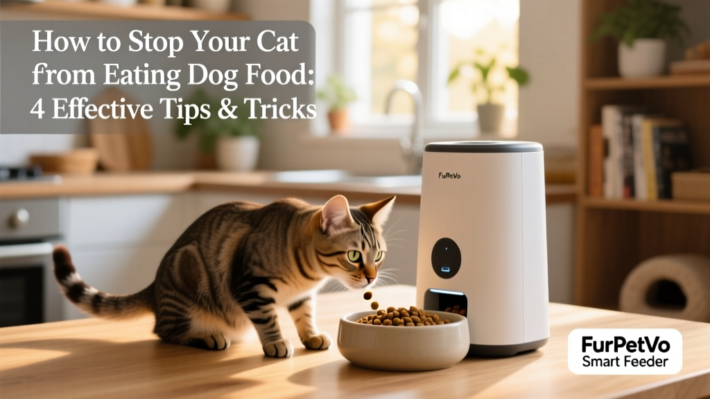 A FurPetVo smart feeder dispensing kibble next to a cat watching intently