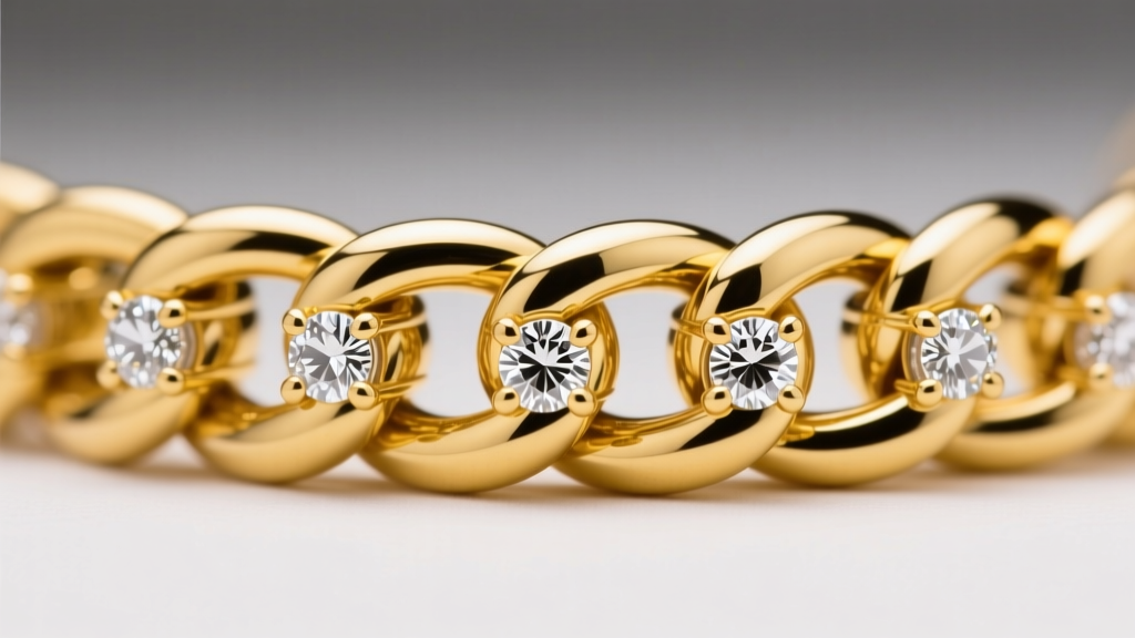 Extreme close-up of shared prong diamond settings on a yellow gold Cuban chain link, showing metal coverage and stone alignment