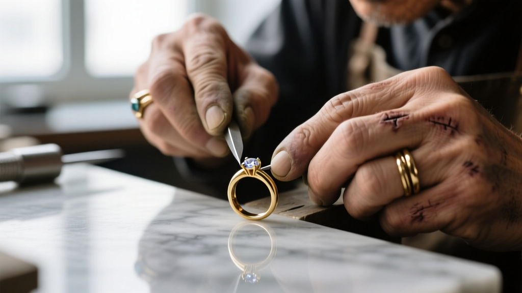 Macro shot of a jeweler's loupe inspecting a chunky vintage 18k gold signet ring on velvet, warm studio lighting, high detail.