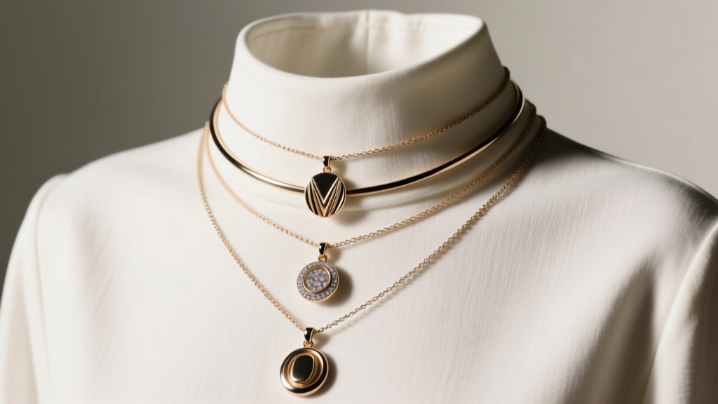 Layered Maniamania necklaces on a linen collar, showing the two-inch spacing rule and pendant weight distribution in soft light.