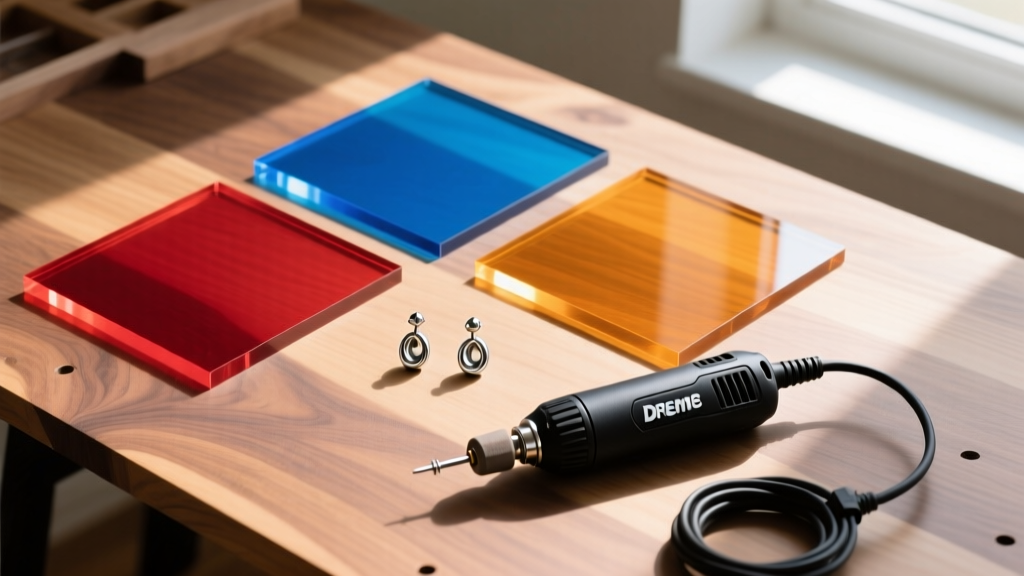 Overhead flat-lay of 3mm cast acrylic sheets, 20-gauge titanium earring posts, and a Dremel tool on a wooden crafting desk.