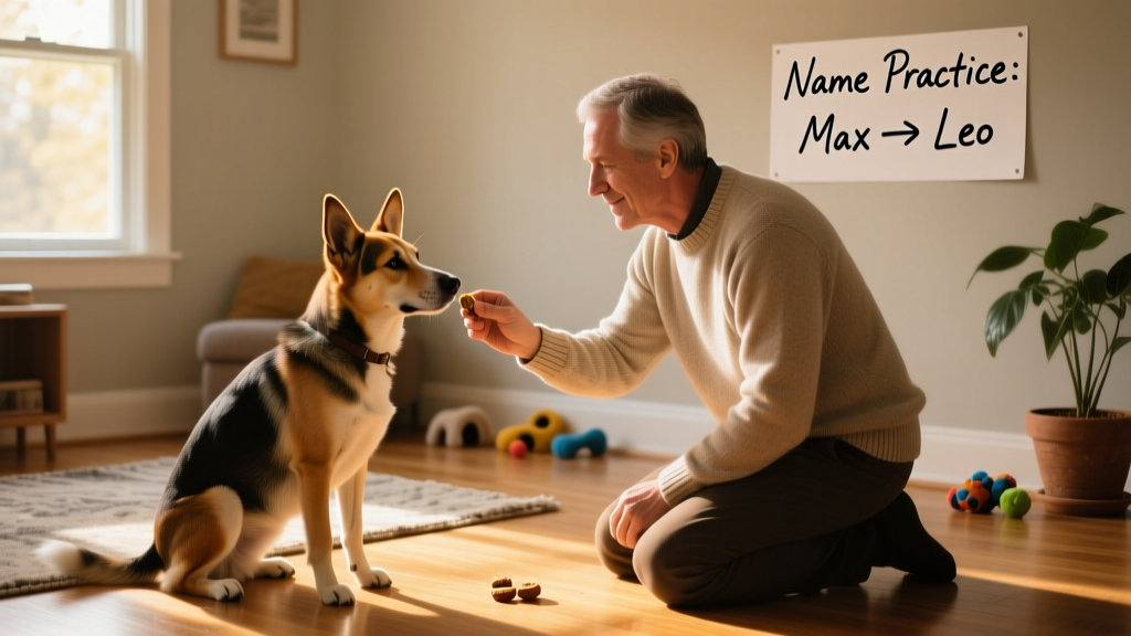 A trainer gently rewarding a calm, attentive dog with a treat during a quiet indoor name-recognition session