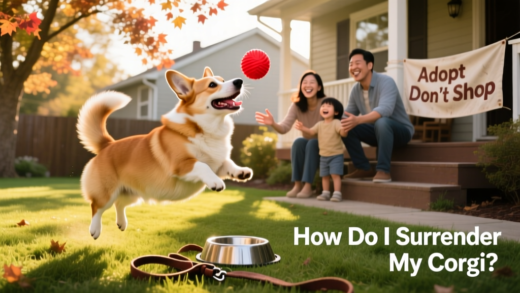 A happy Corgi playing fetch in a sunlit backyard with a new family