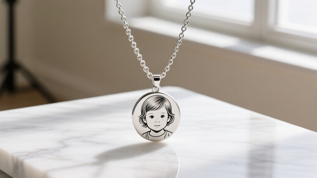 Overhead view of a silver chain with a custom laser-engraved disc pendant showing a child
