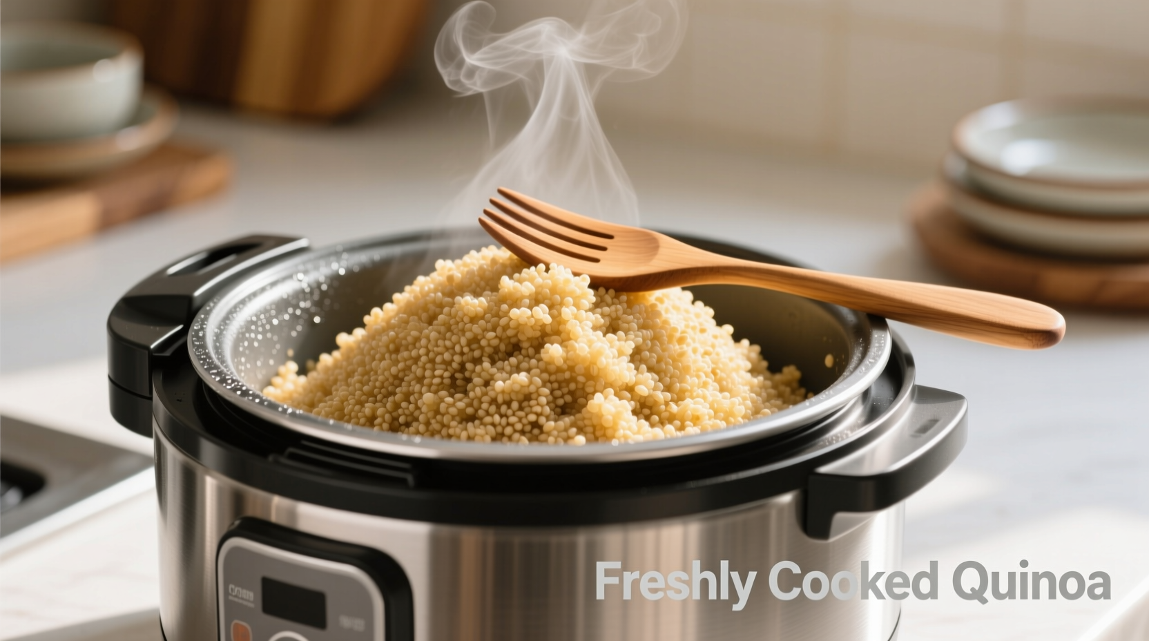 Fluffy quinoa in rice cooker with fork