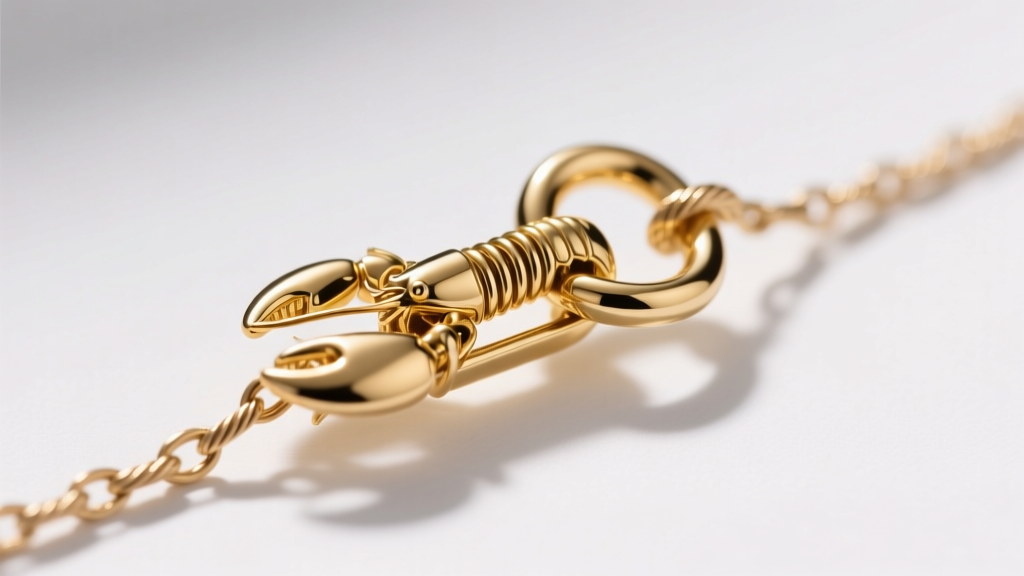 Macro shot of a 9mm gold lobster clasp on a 1mm delicate cable chain, showing the spring mechanism and jump ring.