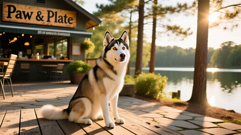 Husky sitting calmly on a lakeside outdoor patio, looking content and relaxed