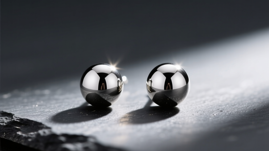 Close-up of 6mm polished sterling silver ball stud earrings resting on a dark slate surface with soft, warm directional lighting.