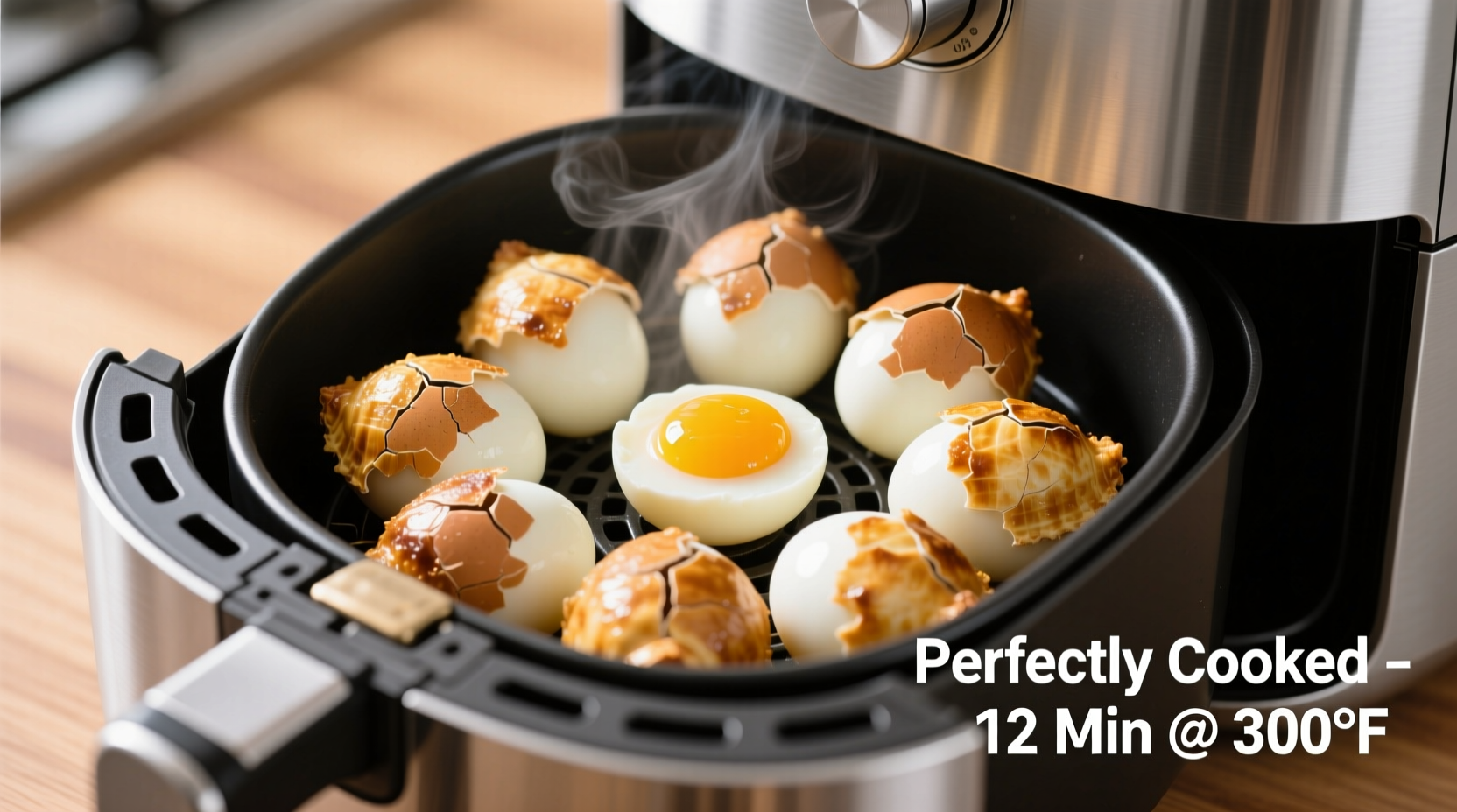 Perfectly cooked hard-boiled eggs in air fryer basket