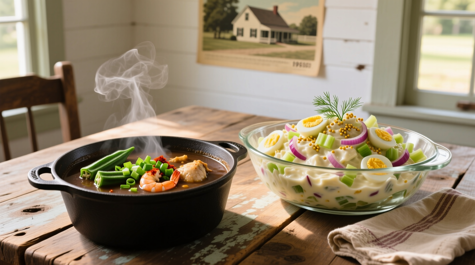 Gumbo served alongside traditional Southern potato salad