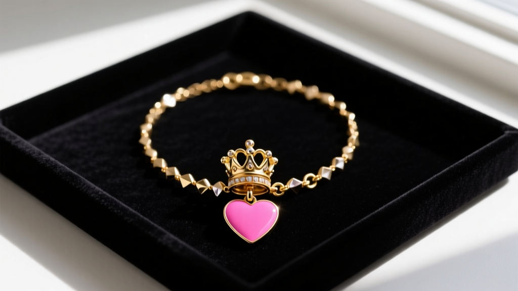Flat lay of a vintage gold-plated Juicy Couture charm necklace with crown pendant and pink enamel heart on a black velvet tray