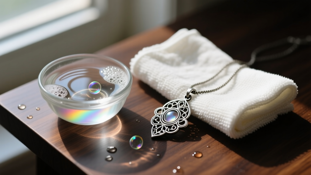 Small glass bowl of mild soapy water next to a microfiber cloth and a tarnished silver boho pendant on a dark wooden surface