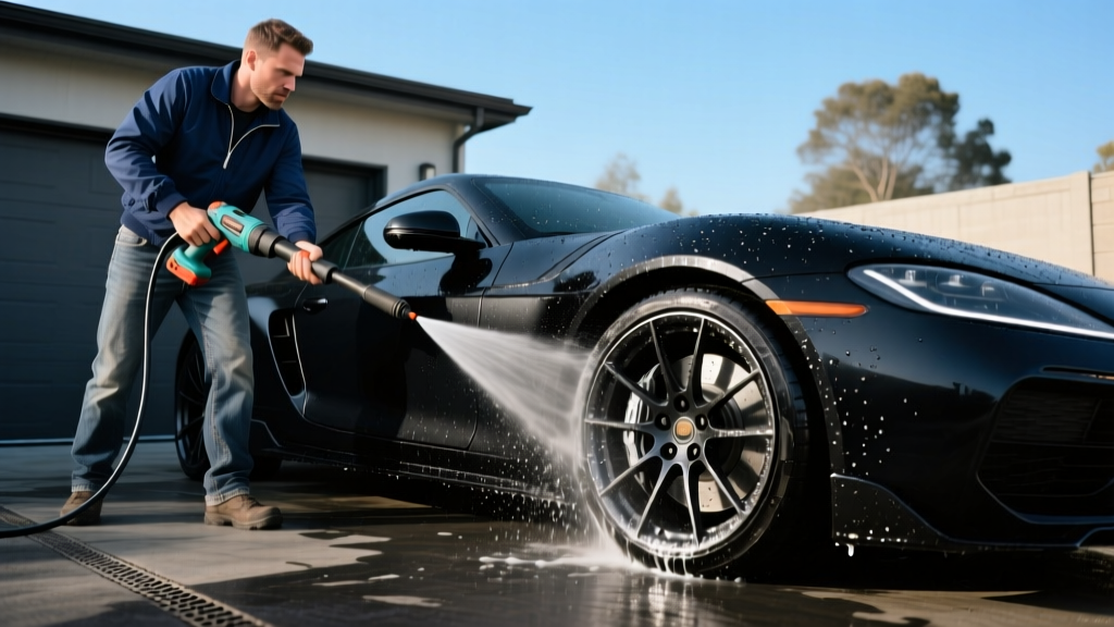 A man in a dark driveway using a cordless portable power washer to clean the alloy wheels of a matte black sports car.