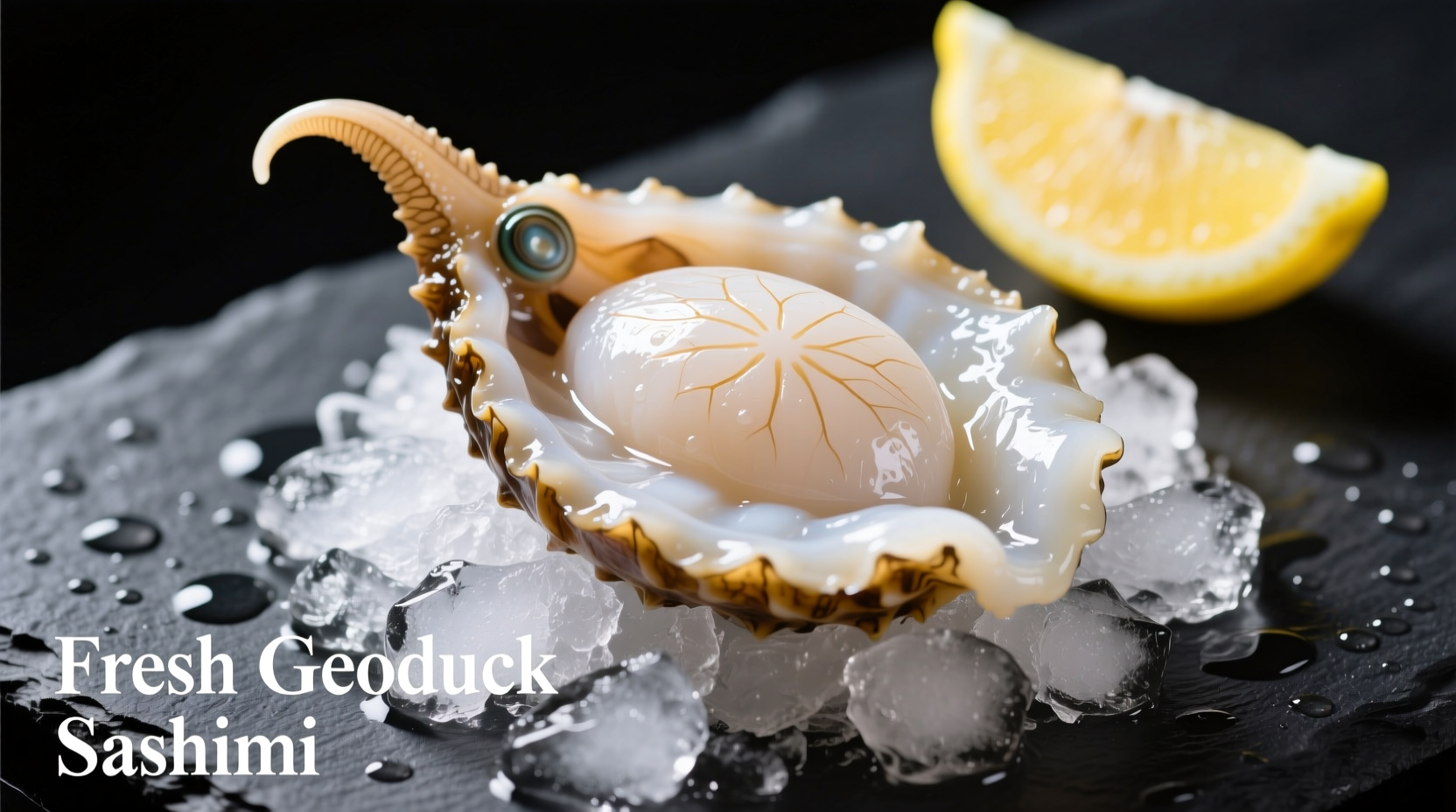 Fresh geoduck sashimi on ice with lemon wedge