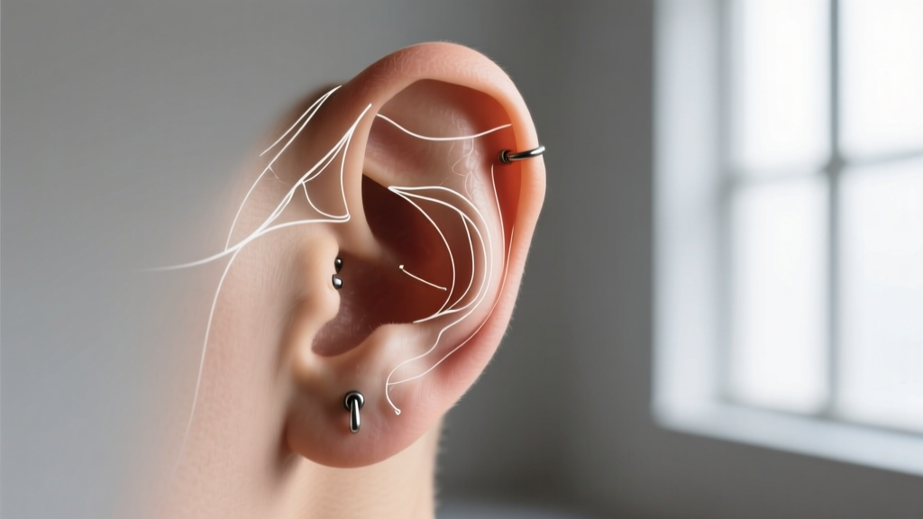 Side profile of an ear mapped with white lines showing exact placement for helix, industrial, and tragus cartilage piercings.