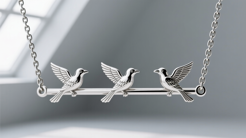 Technical diagram showing lateral tension on a 1.2mm rolo chain supporting a horizontal three-bird silver pendant bar.