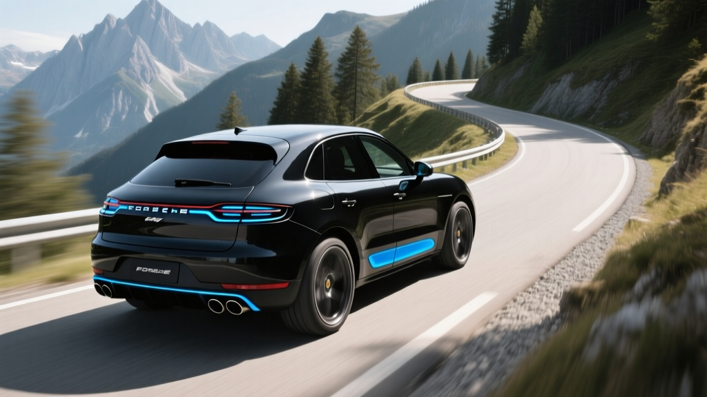 Porsche Macan Electric navigating a tight mountain curve highlighting its aggressive stance and rear-axle steering capabilities