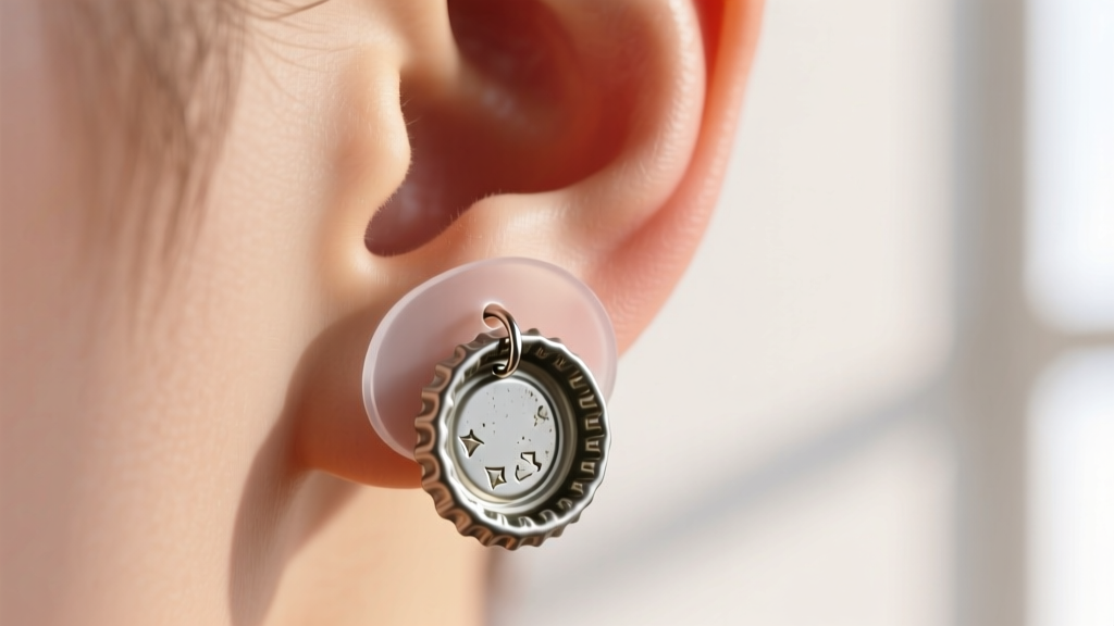 Close-up of a clear silicone earring support patch applied to an earlobe to hold a heavy upcycled bottle cap stud earring.