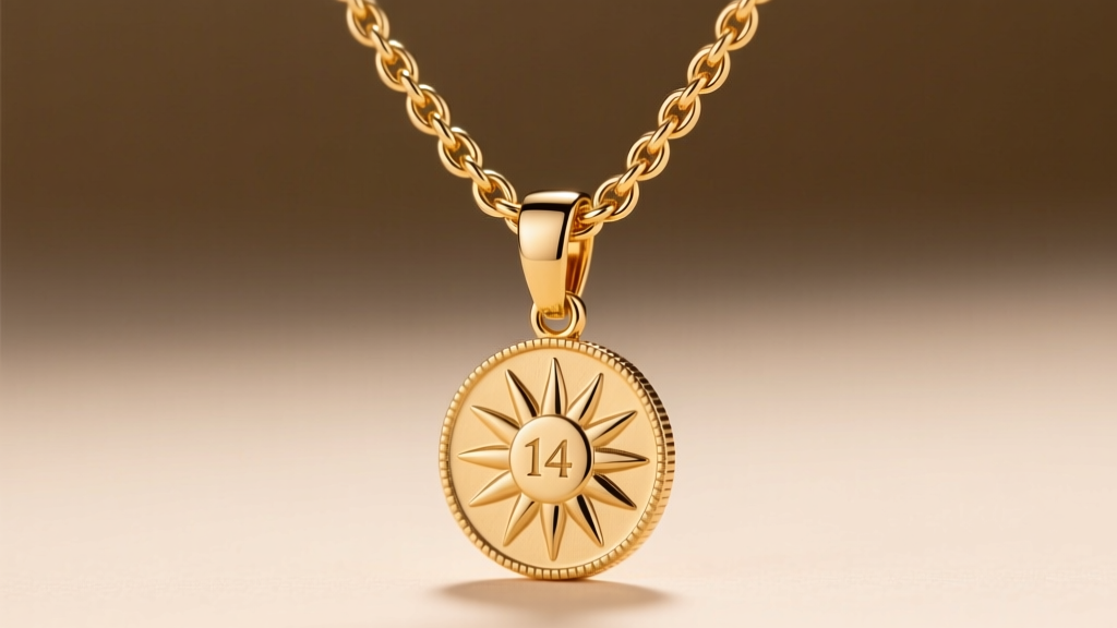 Close-up of a 14k gold cable chain connecting to a polished sunburst coin pendant, highlighting the secure lobster clasp.