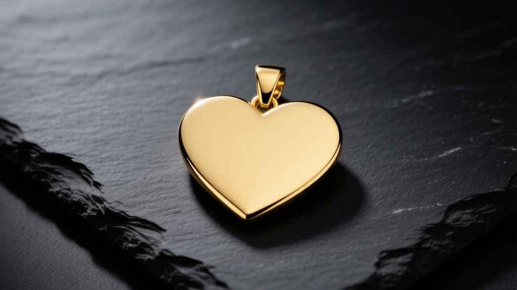 14k solid yellow gold flat heart pendant resting on dark slate, illuminated by soft directional studio lighting to highlight polish