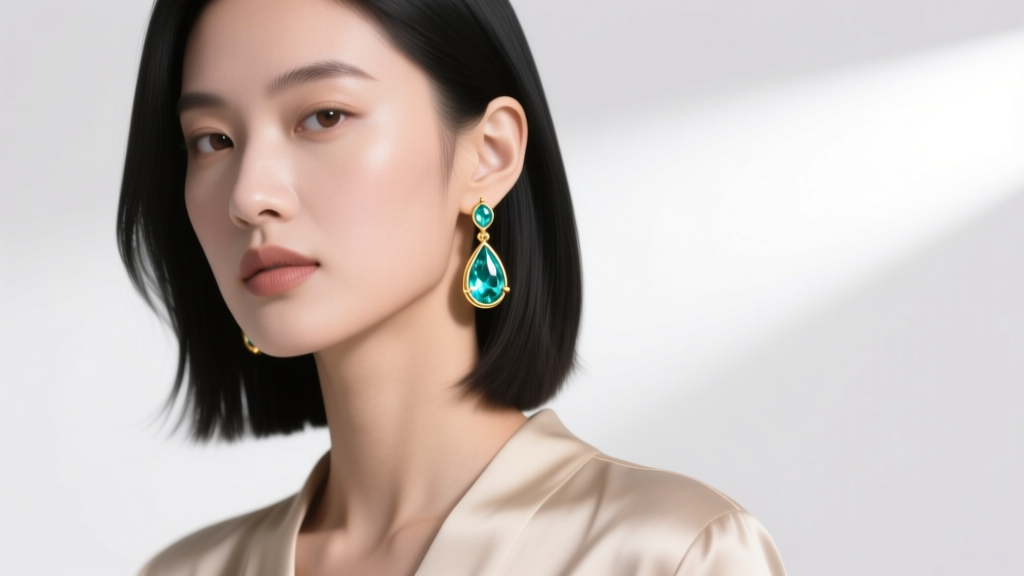 Model wearing 18k gold dangle earrings with pear aquamarine gems, studio lighting highlighting the elegant jewelry movement.