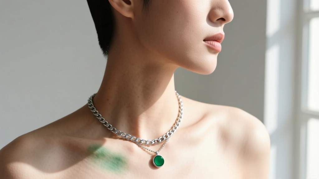Side profile of a person wearing an s steel necklace, showing green discoloration on the collarbone skin in bright daylight.
