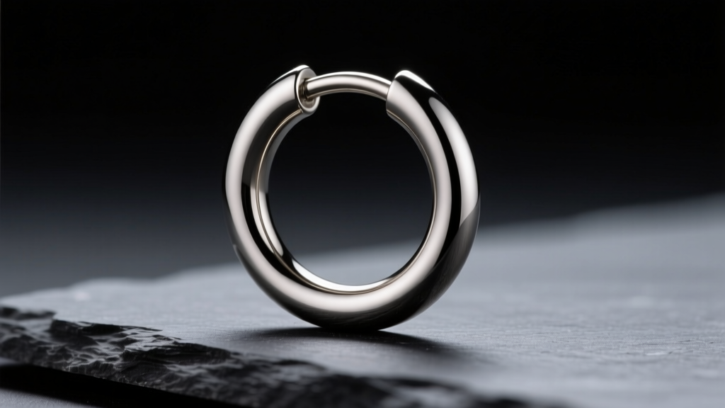 Macro shot of a 16-gauge titanium circular barbell hoop earring on dark slate, illuminated by soft, directional studio lighting.