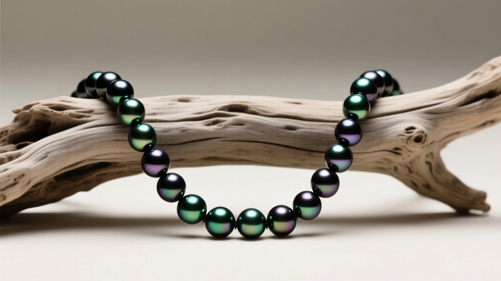 Tahitian black pearl strand showing peacock green and aubergine overtones, draped elegantly over a piece of natural raw driftwood.
