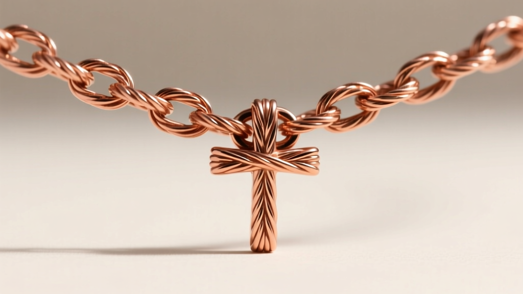 Close-up of a 20-gauge copper rope chain linking to a cross pendant, showing wire thickness and link integrity in sharp focus.