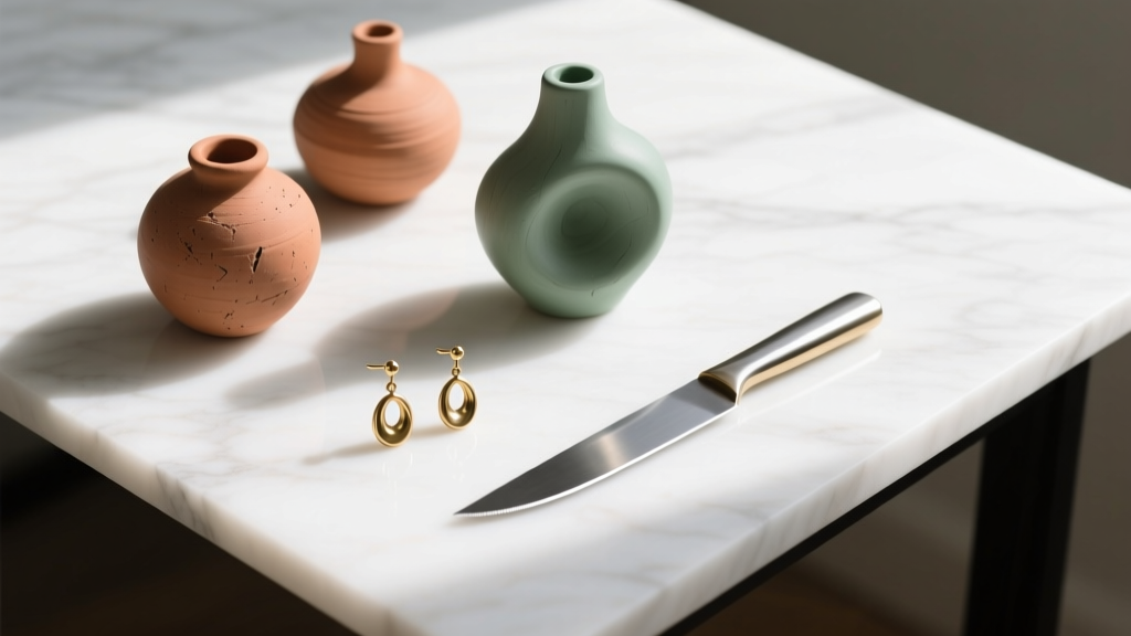 Top-down view of terracotta and sage polymer clay, brass earring posts, and a steel blade on a clean white marble craft desk