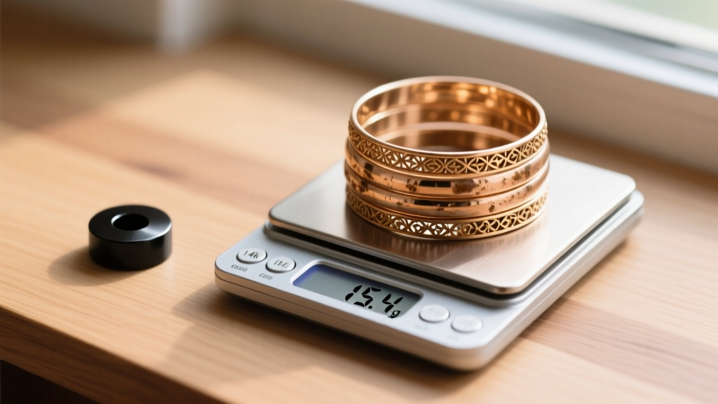 Digital scale showing 15.4 grams next to a stack of 14k rose gold vintage bangles and a small neodymium magnet on wood.