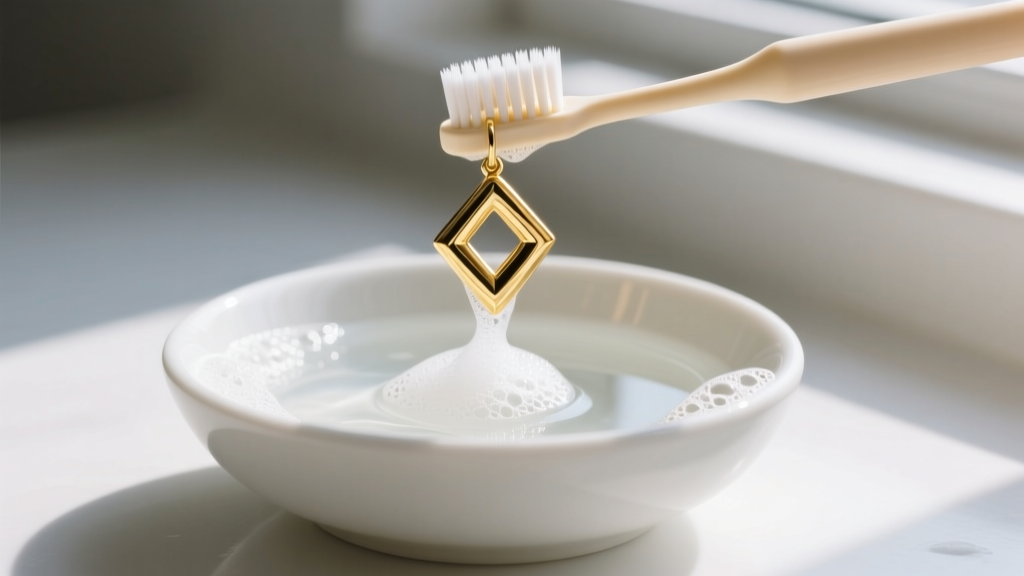 A soft baby toothbrush gently cleaning a gold chevron earring over a ceramic bowl of distilled water and mild dish soap suds.
