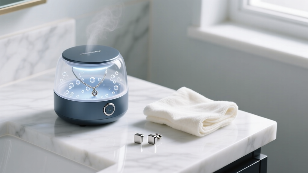 A small ultrasonic jewelry cleaner vibrating on a marble bathroom counter next to a microfiber cloth and a pair of titanium studs.